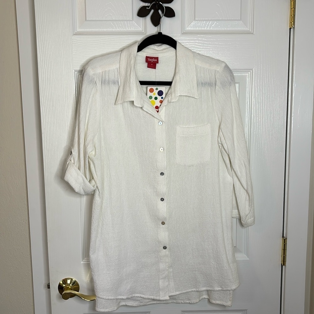 Toofan White Textured Button-Up Oversized Tunic Top 3/4 Roll-Up Sleeves Size M